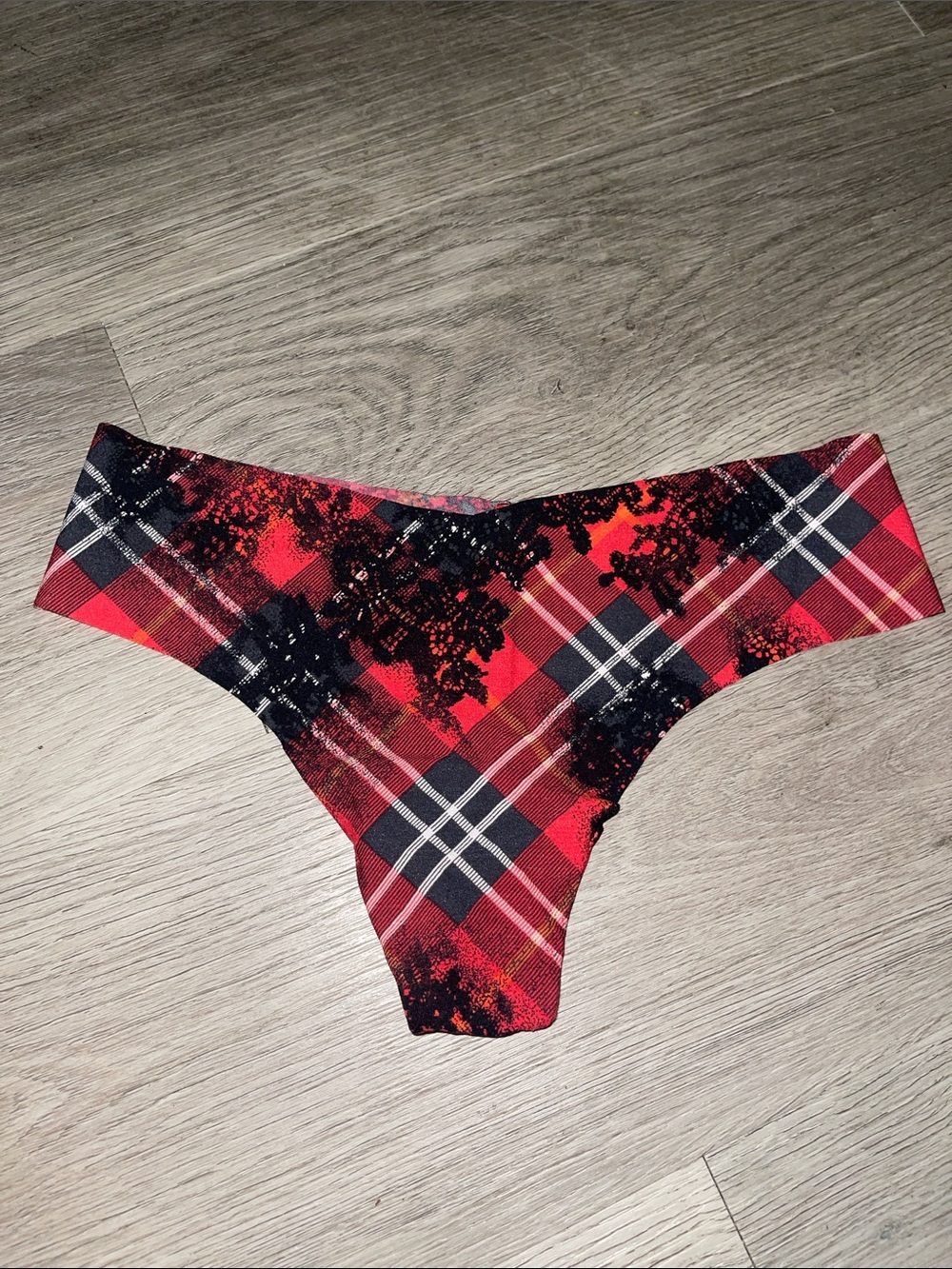 Victoria's Secret Red Plaid Seamless Thong with Black lace print detail
